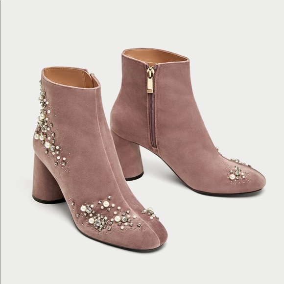 ZARA Beaded Velvet Ankle Booties - Picture 1 of 8